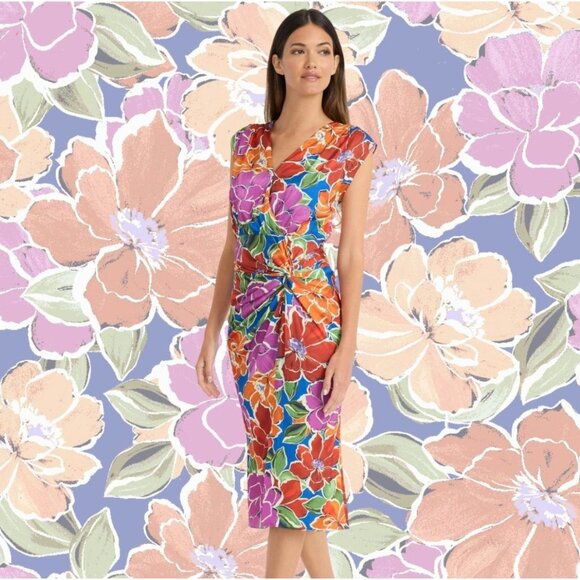 NWT Maggy London Floral V-Neck Cap Sleeve Charmeuse Faux Wrap Nevein Midi Dress - Picture 2 of 8